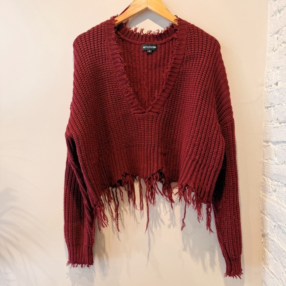Pretty Little Thing Burgundy Fringe Sweater
